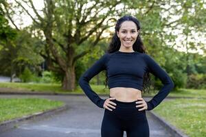 uma sorridente jovem mulher dentro roupa de esporte carrinhos com confiança com mãos em ancas dentro uma exuberante parque contexto, exalando ginástica e bem-estar. foto