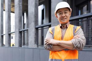 retrato do uma feliz masculino construção trabalhador com cruzado braços vestindo uma segurança capacete e reflexivo colete às uma construção local. foto