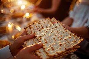 mãos embalando matzah dentro reverência, incorporando pesach tradição foto