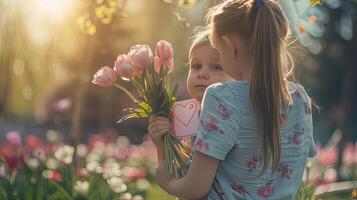 expressando amor e apreciação mãe e criança com uma mães dia ramalhete e cartão partilha uma sincero momento foto