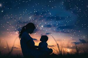 uma retrato do duradouro amor silhuetas do mães e crianças contra suave pôr do sol ou estrelado céu foto