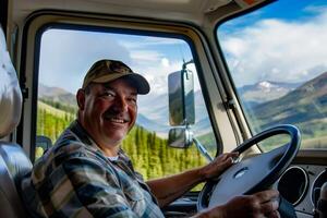 meio envelhecido homem é dirigindo uma caminhão sorridente às a Câmera foto