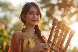 jovem ásia mulher é jogando a angklung, tradicional indonésio musical instrumento foto