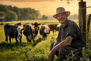 maduro agricultor carrinhos dentro uma verde Relva campo perto dele gado fazenda, alguns vacas perambular atrás ele foto