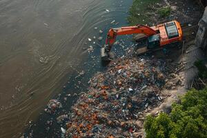 escavadora em a margem do rio é limpeza acima a empilhado Lixo ao longo a sujo rio Beira foto