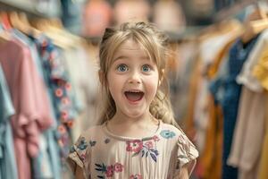 uma pequeno menina é em pé dentro frente do uma linha do roupas foto