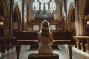 costas Visão mulher vestindo clássico vestir jogando piano dentro uma moderno Igreja etapa foto