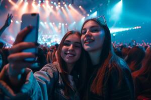 dois jovem mulheres com Castanho cabelo estão levando uma selfie com seus telefones com show etapa Visão dentro a fundo foto