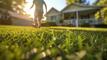 fechar-se do uma jovem Rapazes pés corrida em verde Relva dentro a frente Jardim com uma moderno casa dentro a fundo. foto