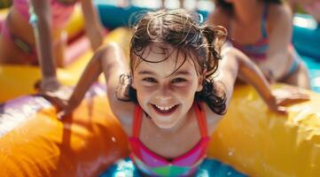 pequeno menina tendo Diversão em a inflável saltitante castelo, com dela família assistindo dentro a fundo. foto