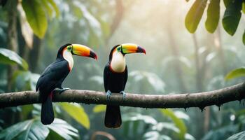 dois tucano tropical pássaros sentado em uma árvore ramo dentro uma natural animais selvagens meio Ambiente dentro uma floresta tropical selva foto