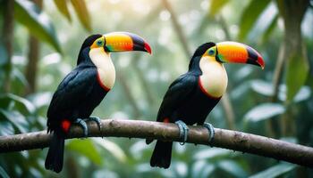 dois tucano tropical pássaros sentado em uma árvore ramo dentro uma natural animais selvagens meio Ambiente dentro uma floresta tropical selva foto