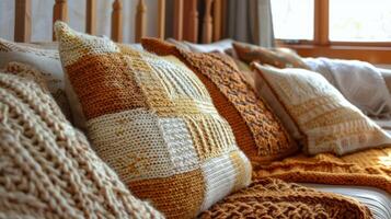 uma do feito à mão tricotado cobertores e almofadas cada 1 único e estimado adicionando uma pessoal e reconfortante toque para uma casas decoração foto