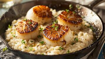 uma panela do perfeitamente queimado vieiras servido em uma cama do cremoso risoto enfeitado com fresco ervas foto