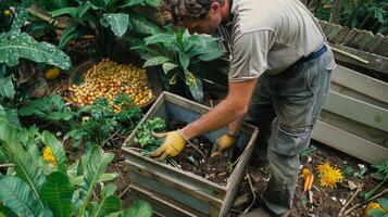 uma homem usando uma composto bin para virar Comida WL para dentro rico em nutrientes solo para dele jardim foto
