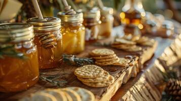 uma rústico mesa configuração com frascos do querida fatias do queijo e biscoitos convidativo convidados para explorar diferente sabor combinações e emparelhamentos foto