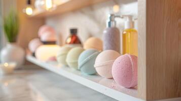 uma coleção do colorida banho bombas e sedoso suave corpo esfrega exibido em uma estante pronto para estar usava para uma luxuoso spa experiência às casa foto