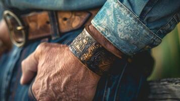 uma homem vestindo uma rústico couro manguito pulseira feito à mão com intrincado gravuras e fechos fez a partir de natural materiais foto