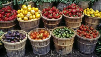 cestas transbordante com vibrante maduro frutas e legumes foto