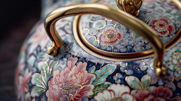 uma mais perto Veja às uma chaleira intrincadamente projetado com floral padrões e uma ouro lidar com foto
