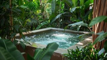 uma privado quente banheira cercado de exuberante vegetação Onde homens pode absorver dentro a caloroso águas e deixei seus preocupações desvaneça longe foto