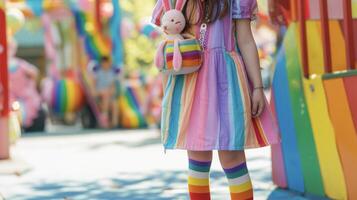 mostrar fora seu amor para todos coisas e e colorida com uma arco Iris listrado vestir apresentando uma em forma de coelho saco e arco Iris na altura do joelho meias perfeito para uma dia às uma carnaval foto