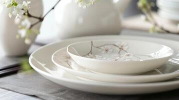 uma conjunto do cerâmico servindo pratos com uma delicado floral motivo adicionando uma toque do elegância para qualquer jantar mesa foto