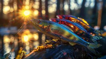 uma conjunto do Prêmio pescaria iscas cintilante dentro a luz solar e projetado para atrai a maior e a maioria Enganoso peixe foto