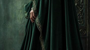 uma régio esmeralda verde veludo capa dd sobre uma rico caxemira vestido com intrincado perolização escorrendo opulento charme foto