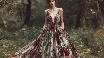 isto de cair o queixo comprimento do chão vestido características a intrincado floral e botânico impressão dentro tons do verde e Borgonha evocando uma sentido do encantamento e mistério. com Está fluxo foto