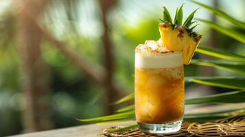 negrito e tropical sabores venha juntos dentro uma assinatura coquetel fez com Sombrio rum abacaxi suco coco creme e uma flutuador do aromático Amargas para uma gosto do paraíso foto