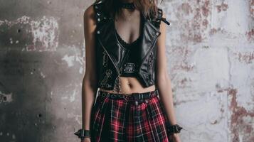 uma cortada couro colete com segurança PIN detalhes desgastado sobre uma malha topo e emparelhado com uma tartan midi saia. isto Veja é uma sofisticado levar em punk moda perfeito para uma quase foto