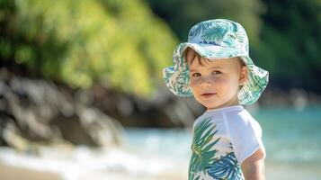 manter seu criança de praia Veja à moda e seguro para o sol com isto à moda equipamento apresentando uma abas largas Sol chapéu com uma tropical folha impressão uma branco erupção cutânea guarda e azul nadar calção foto