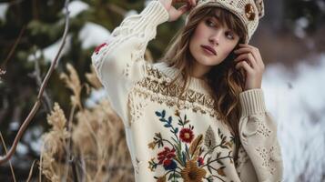 uma acolhedor suéter vestir tricotado com robusto fio e apresentando bordado à mão floral desenhos perfeito para uma acolhedor inverno dia de a lareira foto