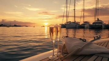 fundo relaxante em uma iate desfrutando uma gl do champanhe enquanto assistindo a pôr do sol sobre a horizonte e a barcos ancorado dentro a Porto foto