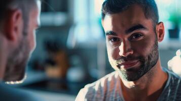 uma homem discutindo dele refeição preparando estratégias com uma ginástica treinador olhando para maneiras para melhorar dele nutrição e bem estar rotina foto