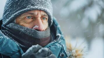 uma homem empacotamento acima dentro camadas antes posição Fora para uma tempo frio corre determinado para fique ativo e saudável durante a inverno meses foto