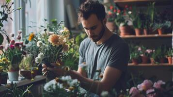 uma homem delicadamente arranja flores dentro uma vaso abraçando dele sensibilidade e nutrir lado em vez de do conforme para rígido gênero papéis foto