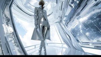 uma futurista Veja apresentando uma metálico prata trincheira casaco em camadas sobre uma metálico prata bodycon vestir emparelhado com metálico prata na altura da coxa botas. a fundo incluir foto