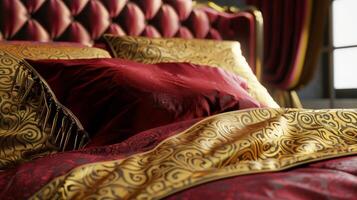 uma decadente edredon cobrir dentro uma hipnotizante padronizar do ouro e Borgonha adicionando uma toque do opulência para seu quarto decoração foto