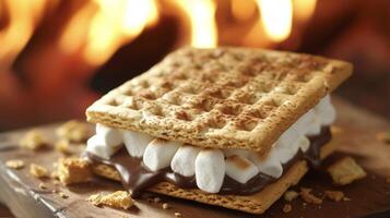 uma caloroso e pegajoso tratar perfeito para uma frio noite de a fogo. Derretendo chocolate e marshmallows ensanduichado entre dois dourado Graham biscoitos foto