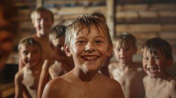 uma grupo do crianças excitadamente preparando para uma sauna sessão Como parte do seus tradicional feriado festividades. foto