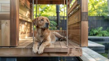 a elevado sauna apresentando uma amigo dos animais balanço em anexo perfeito para alguns vínculo Tempo entre os Proprietários e seus animais de estimação. foto