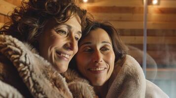 uma mãe e filha partilha histórias enquanto relaxante dentro uma sauna durante hanukkah. foto