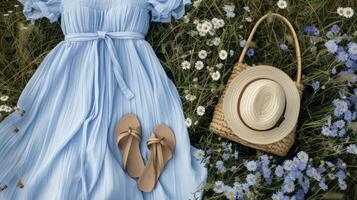 uma fluido céu azul s com uma amada decote emparelhado com tecido sandálias e uma Palha saco perfeito para uma piquenique dentro uma campo do flores silvestres foto