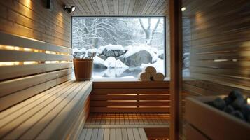 a calor do a sauna é contrastado de a fresco calafrio do a ao ar livre criando uma perfeito Saldo para relaxamento e rejuvenescimento. foto