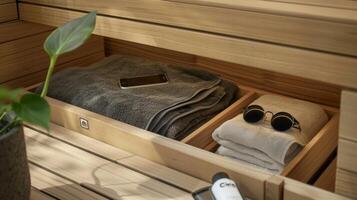 uma compactar e leve sauna toalha com uma construídas em bolso para segurando pequeno Itens tal Como oculos de sol ou uma telefone. foto