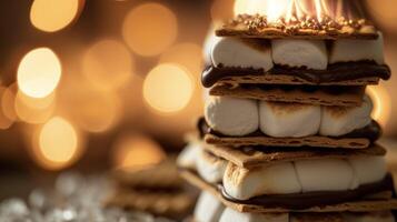 camadas do pegajoso marshmallow e cremoso chocolate esmagado entre dois quadrados do melado Graham biscoitos reminiscente do acolhedor noites de a fogo foto