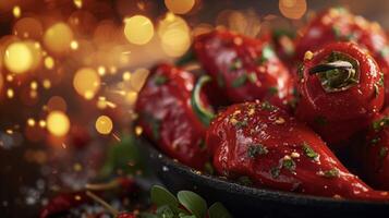 profundamente assado vermelho pimentas brilhante com óleo e temperado com perfumado ervas adicionar uma rebentar do calor e sabor para qualquer prato foto