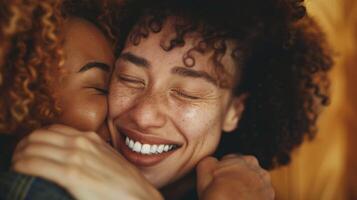 uma mulher abraços dela amigo lágrimas do alegria transmissão baixa dela face Como ela reconta quão infravermelho sauna tratamentos ter significativamente reduzido dela ansiedade e melhorado dela mental saúde. foto